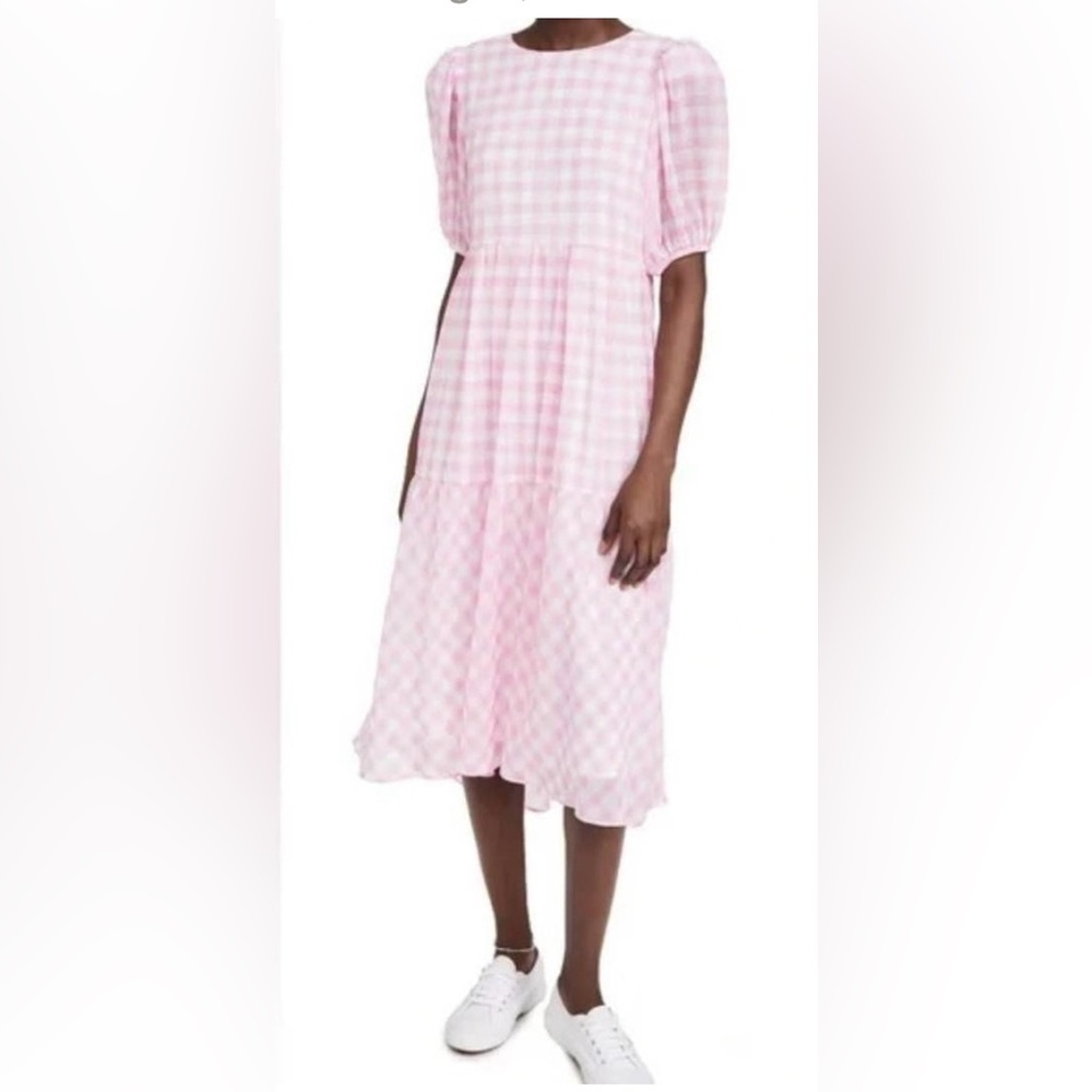 English Factory Tiered Midi / Maxi Dress with Back Ties in Pink Gingham